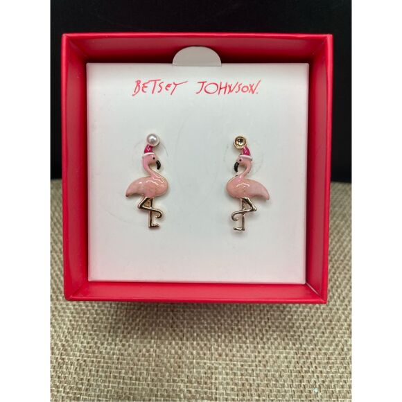 New Betsy Johnson Flamingo Santa Earrings 3D Read - Picture 2 of 5